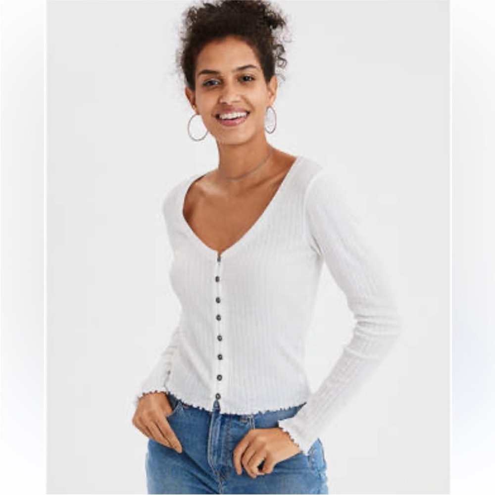 American Eagle Outfitters Cream Ribbed Button-Up Top